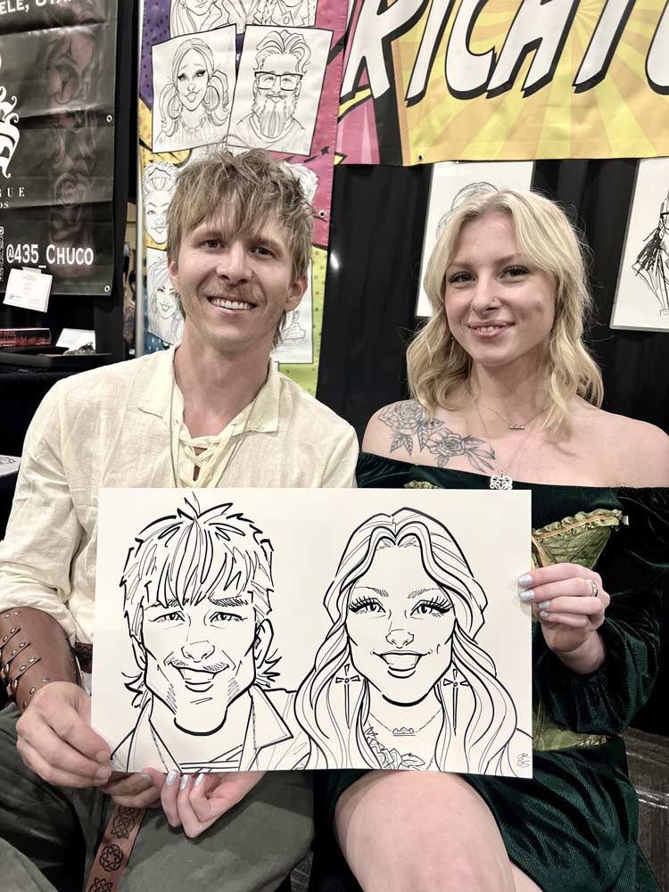 Caricature artist drawing guests at an event in Sandy Utah