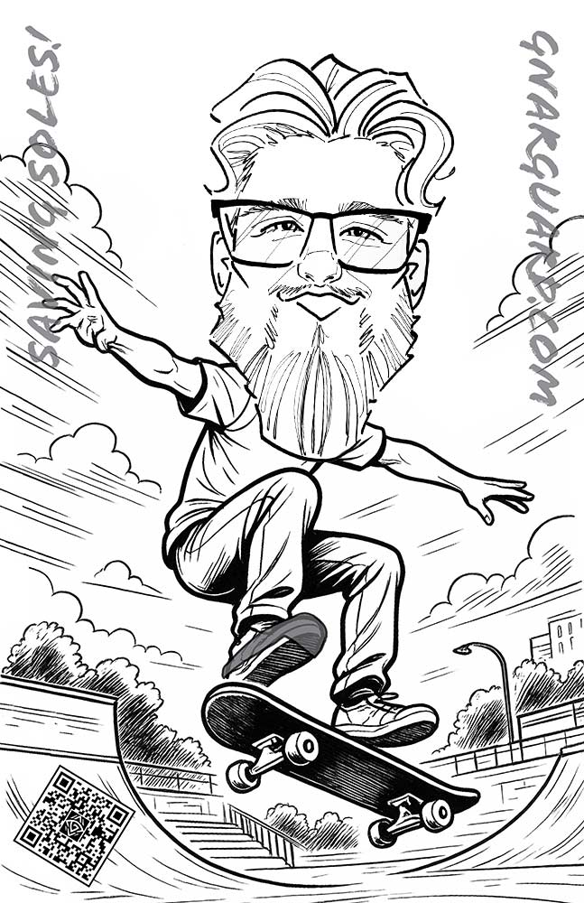 Branded caricature giveaway with company logo at corporate event